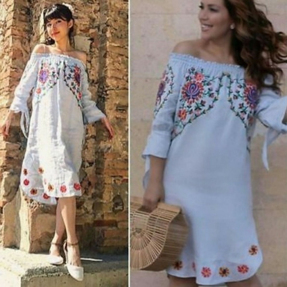 Zara linen off the shoulder embroidered dress Blogger Favorite! - Picture 1 of 12